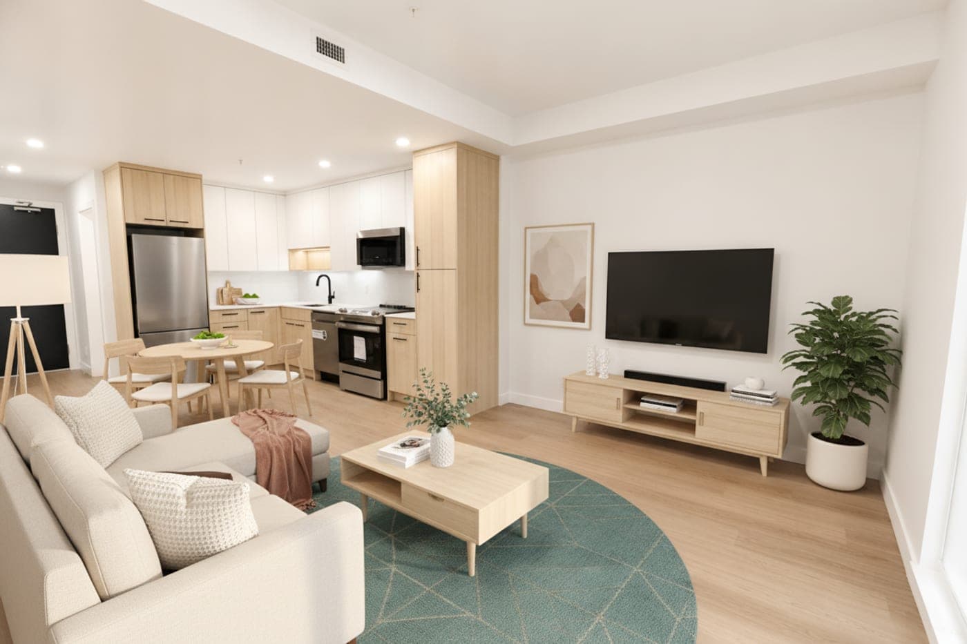 Open living room and kitchen — virtually staged