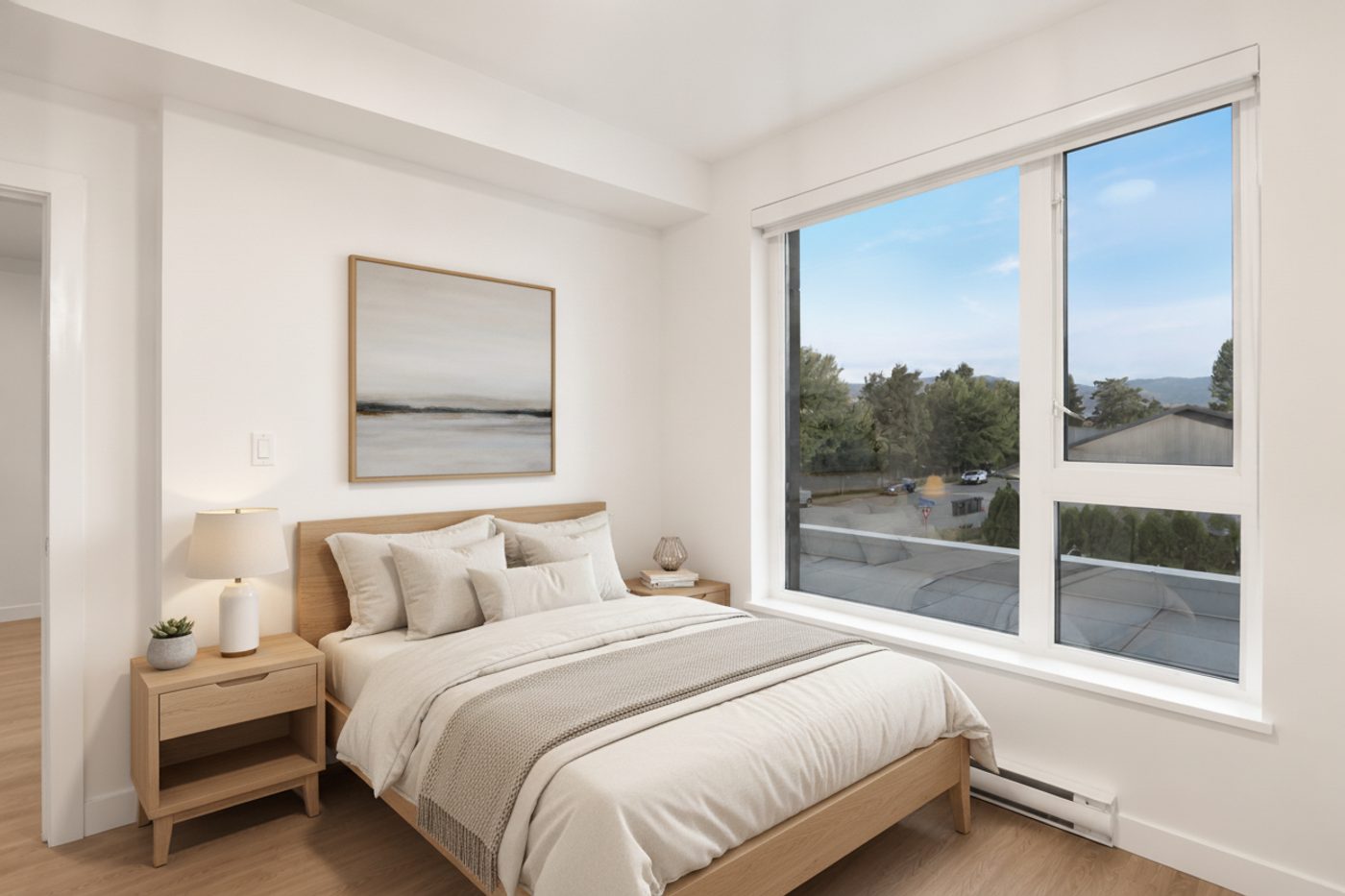 Bedroom with window seat — virtually staged